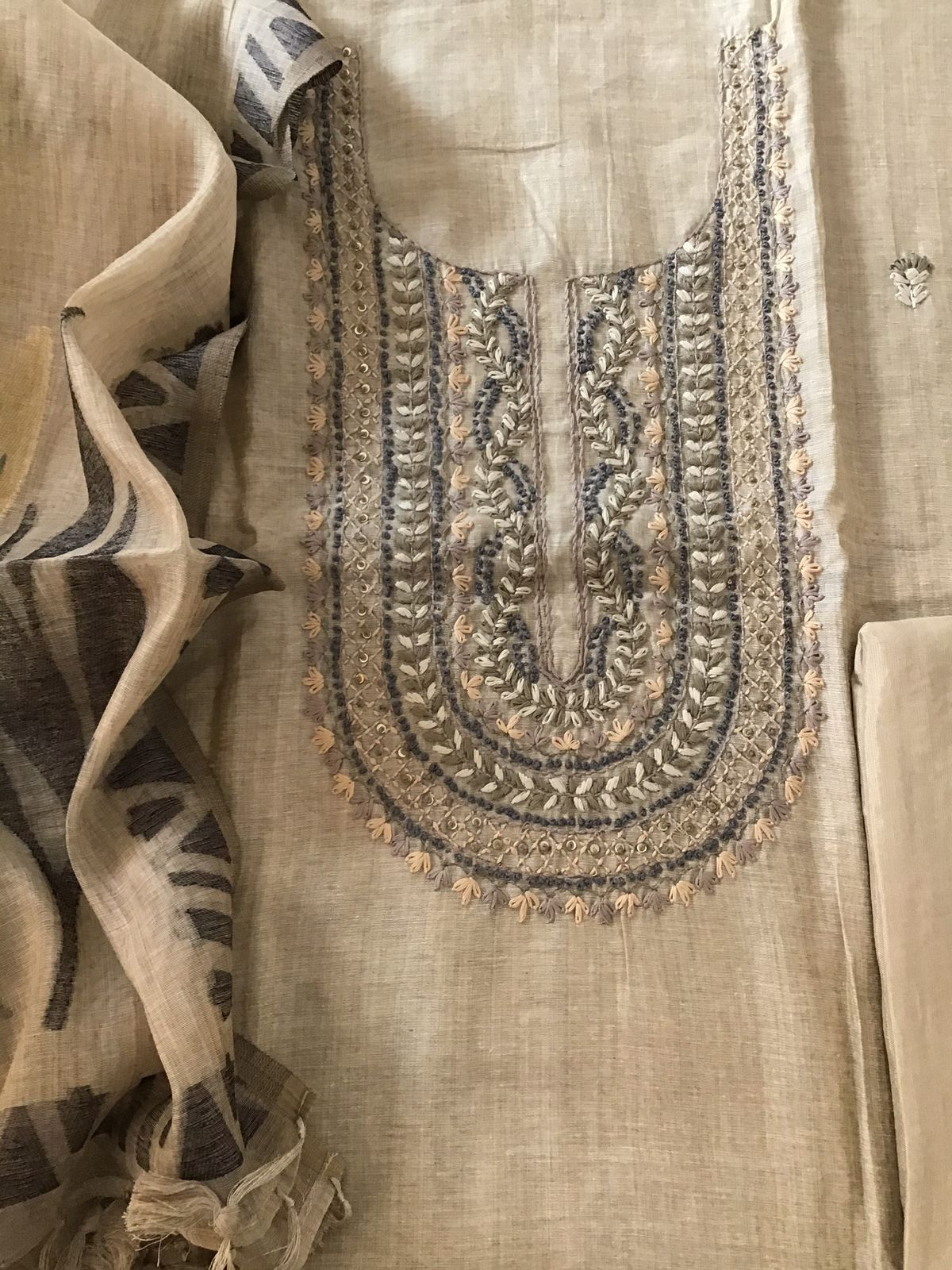 Soft Slub Chanderi Jamdani Weaved Embroidered Suit - Beige