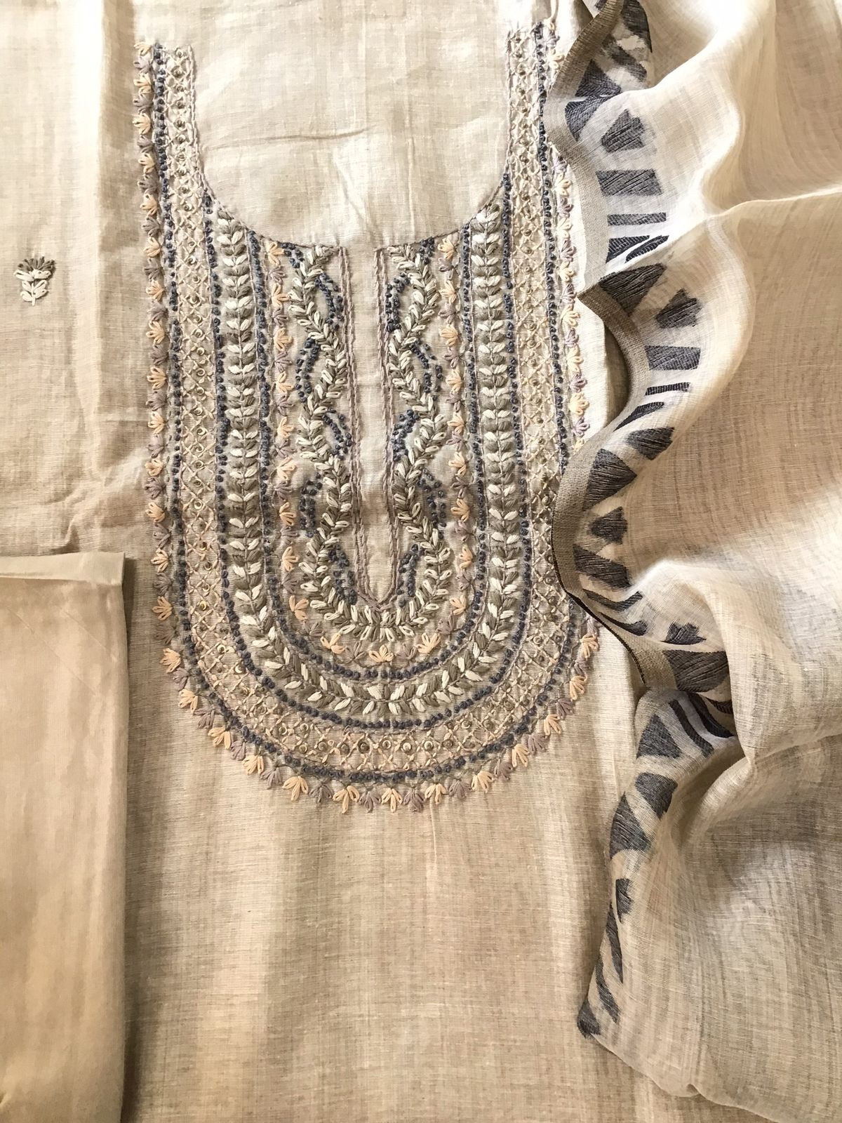 Soft Slub Chanderi Jamdani Weaved Embroidered Suit - Beige