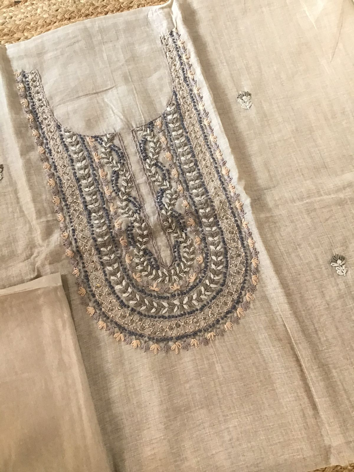 Soft Slub Chanderi Jamdani Weaved Embroidered Suit - Beige