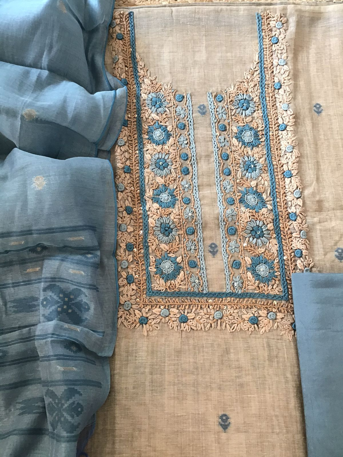 Soft Slub Chanderi Jamdani Weaved Embroidered Suit - Beige