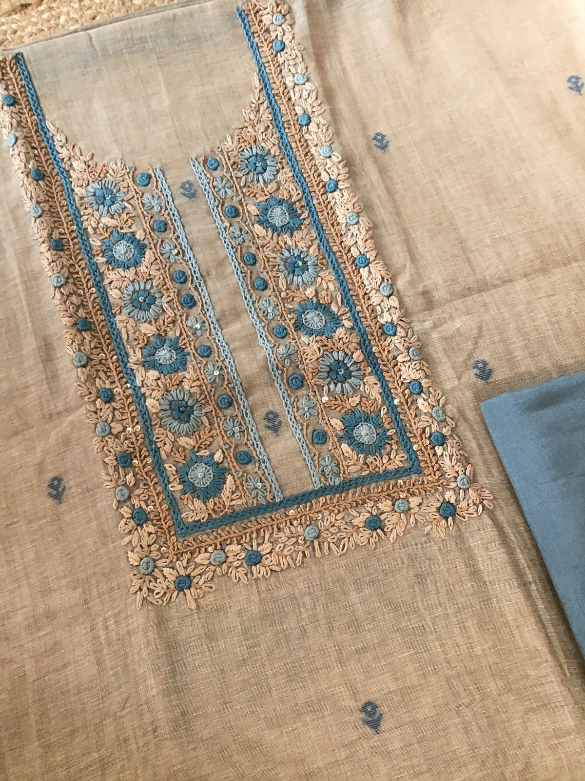 Soft Slub Chanderi Jamdani Weaved Embroidered Suit - Beige