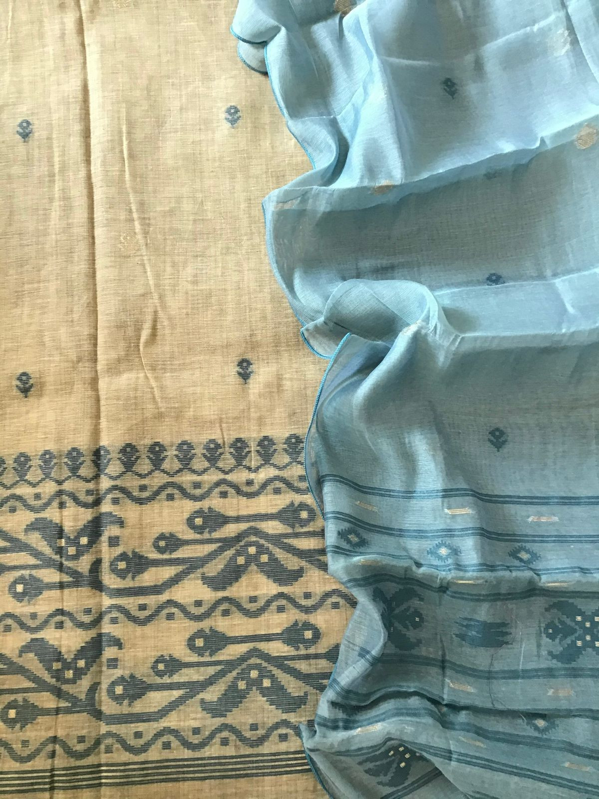 Soft Slub Chanderi Jamdani Weaved Embroidered Suit - Beige