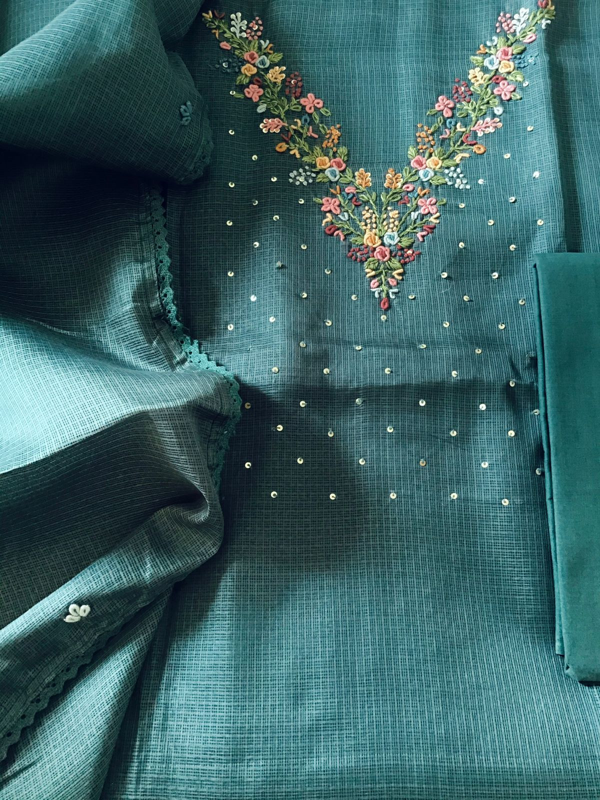 Soft Kota Silk Embroidered Suit - Green