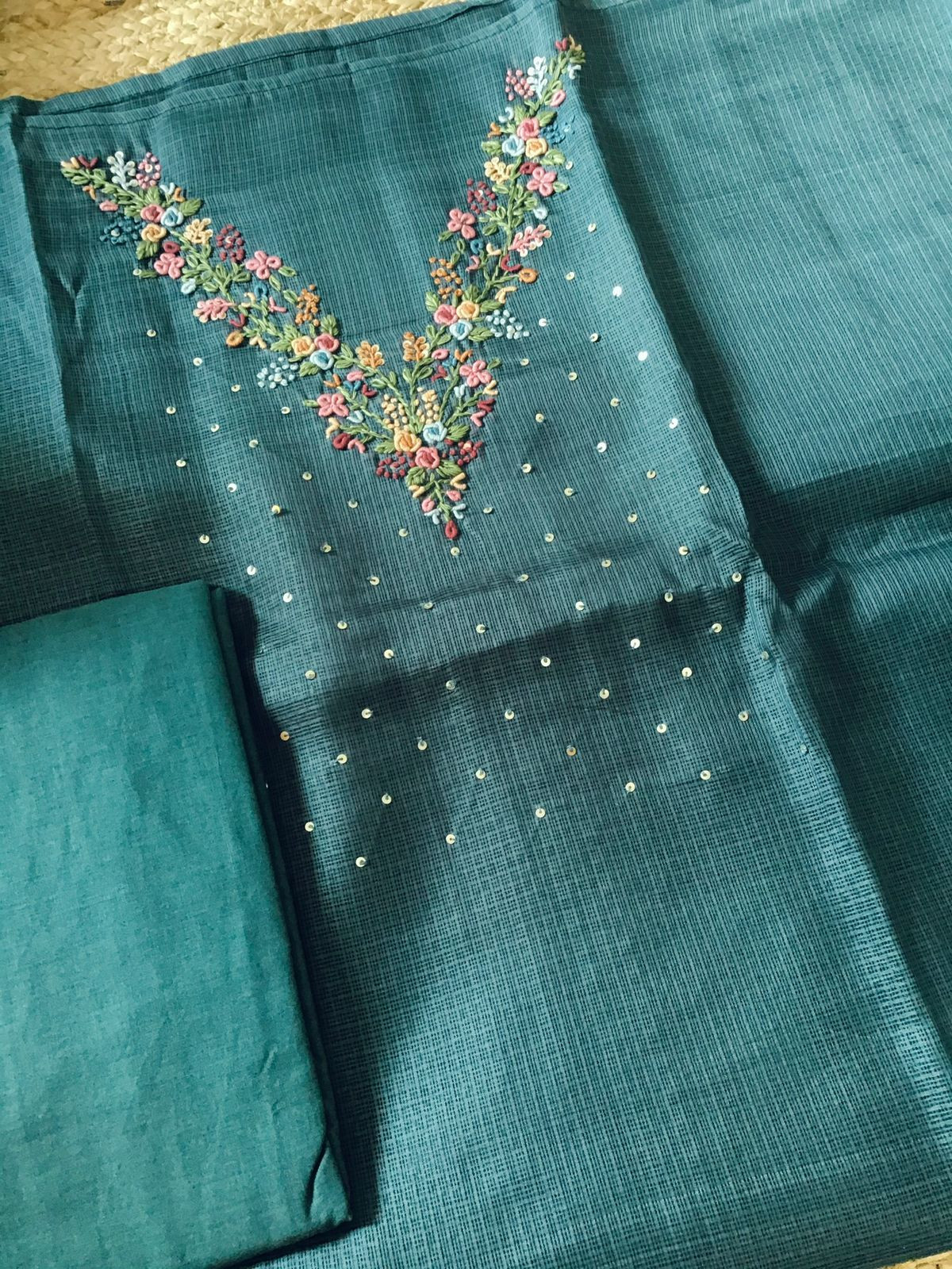 Soft Kota Silk Embroidered Suit - Green