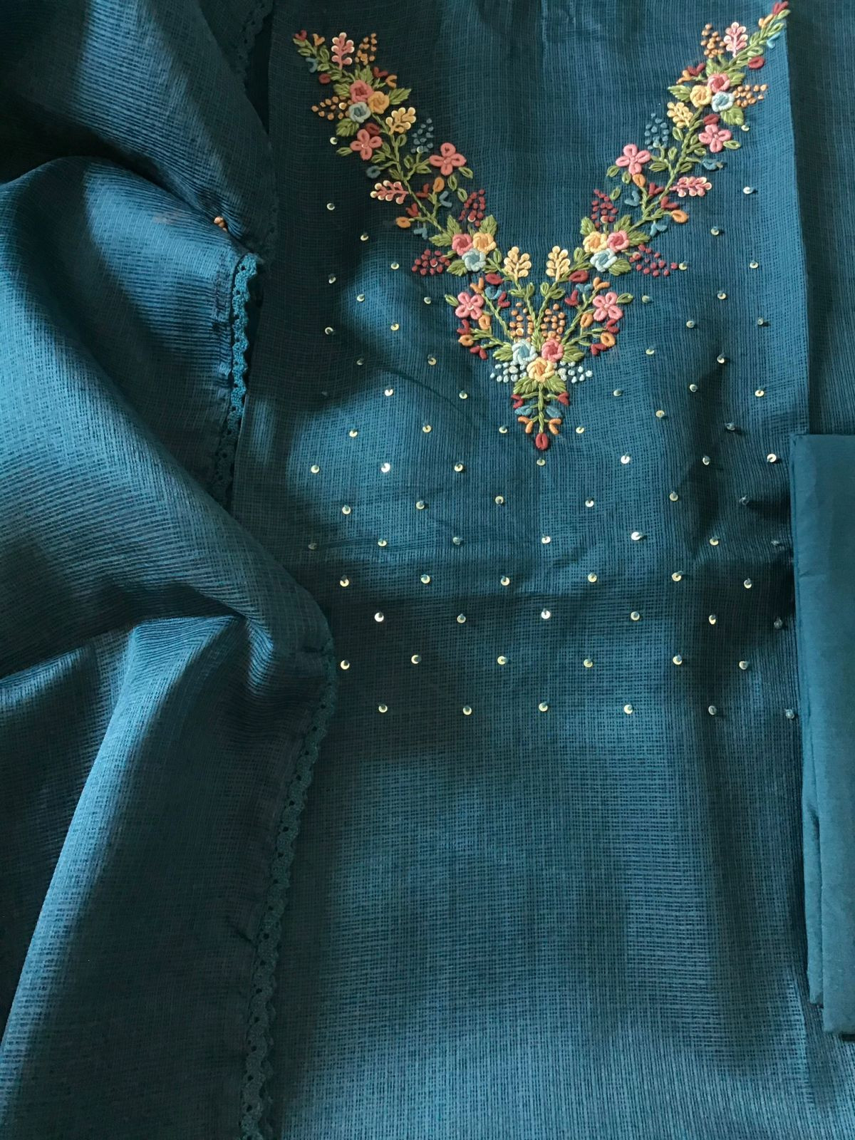 Soft Kota Silk Embroidered Suit - Peacock Blue