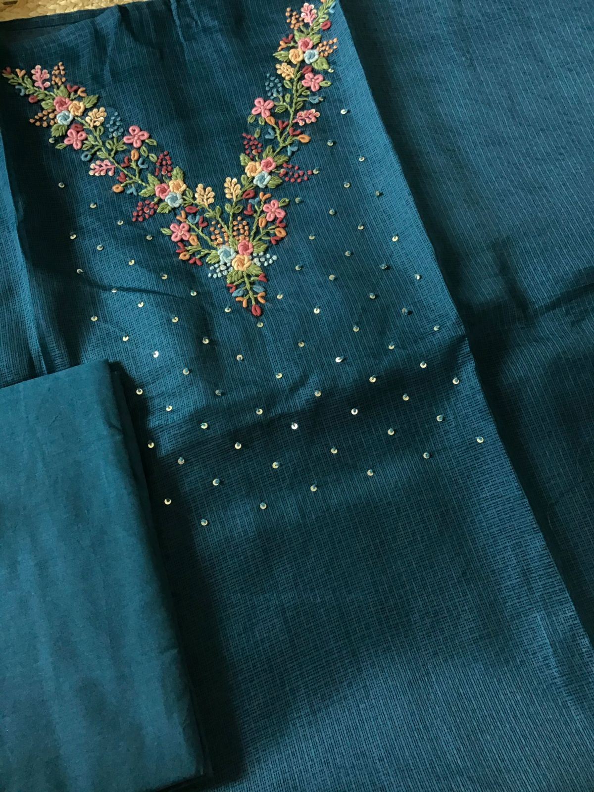 Soft Kota Silk Embroidered Suit - Peacock Blue