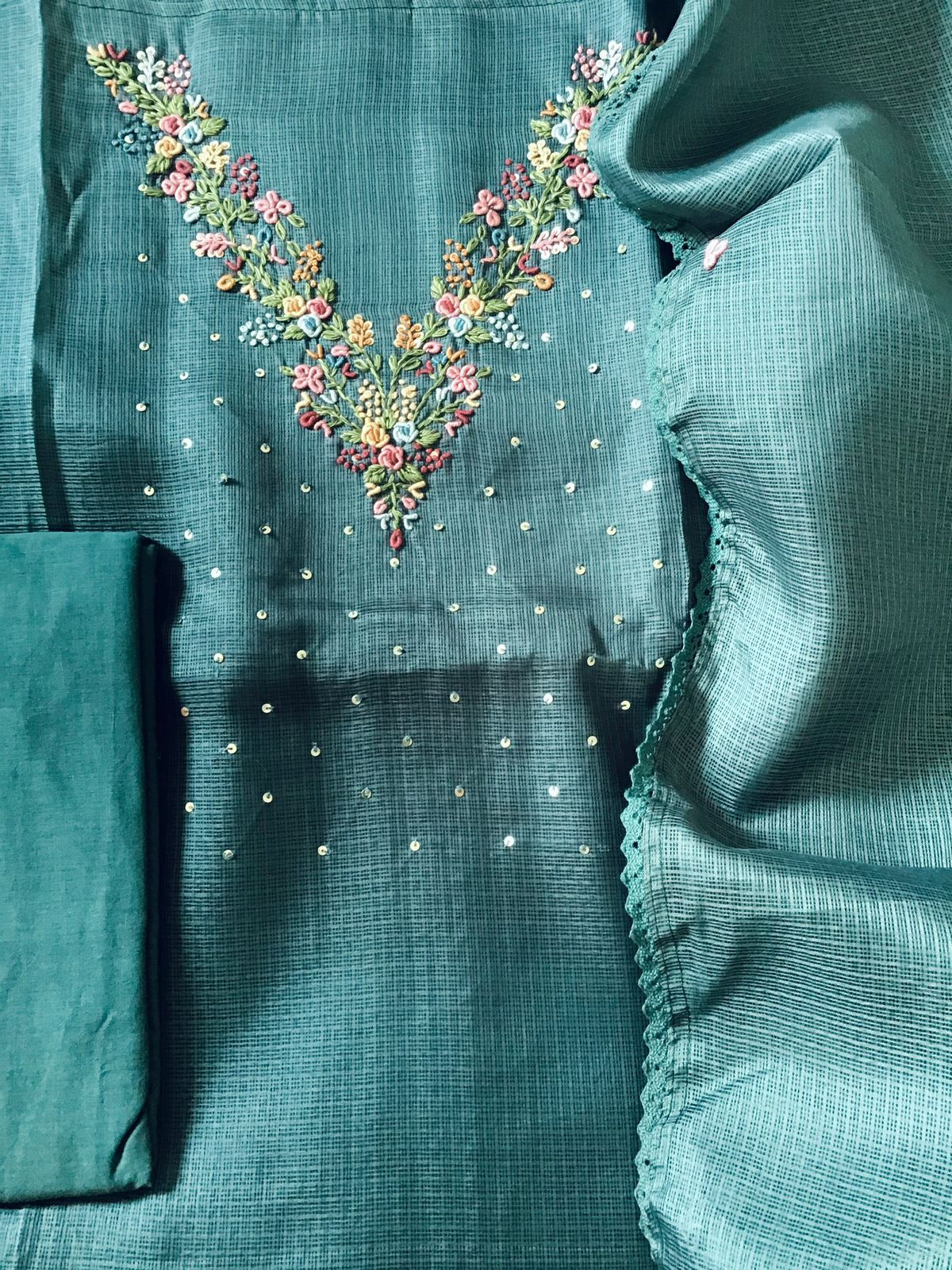 Soft Kota Silk Embroidered Suit - Green