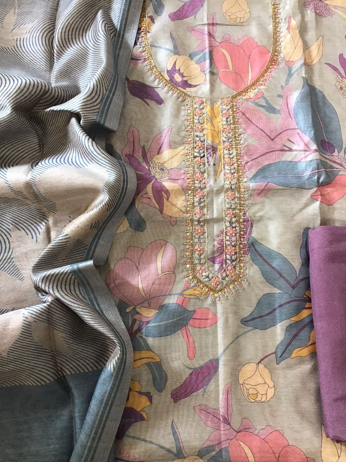 Soft Semi Raw Silk Printed Embroidered Suit - Grey