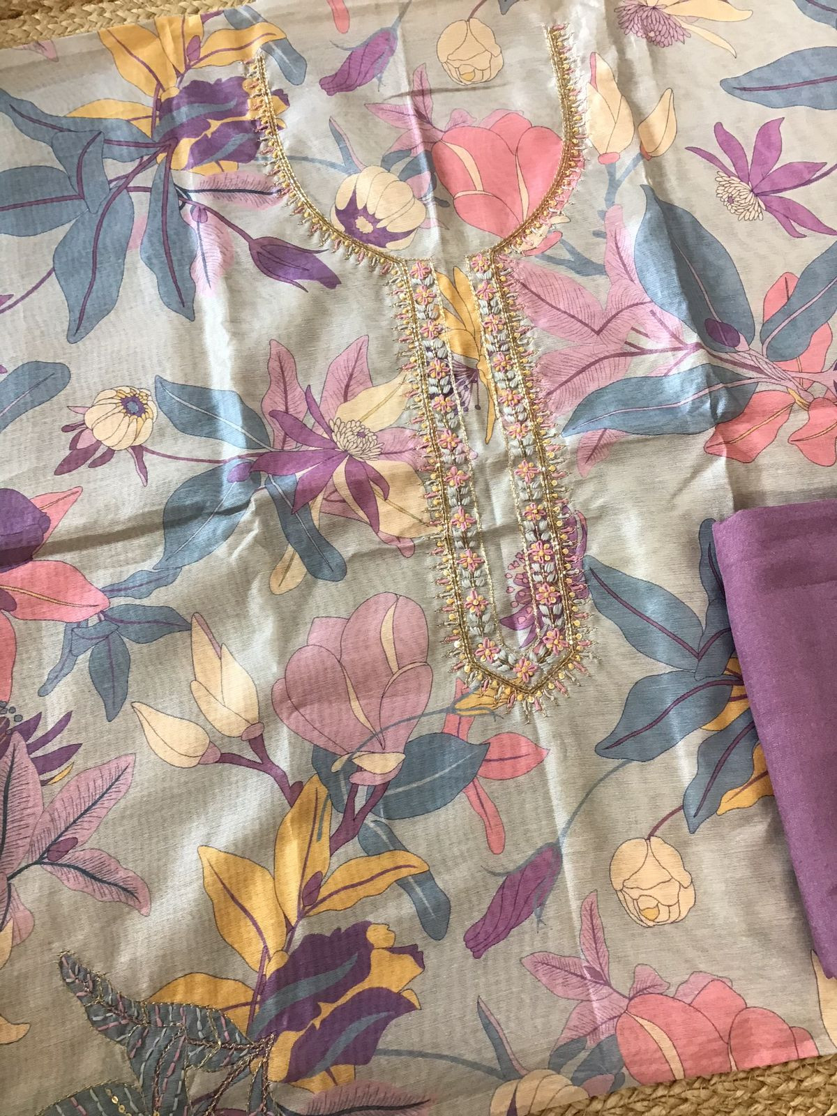 Soft Semi Raw Silk Printed Embroidered Suit - Grey