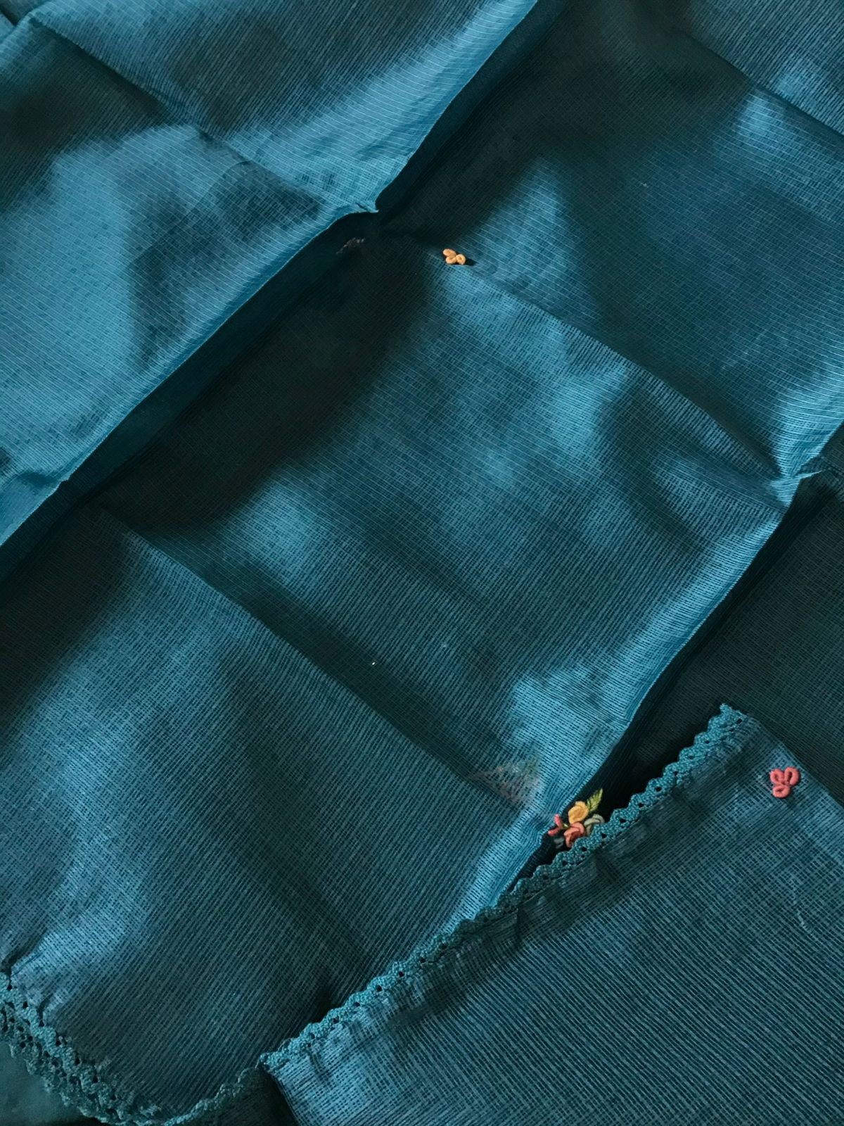 Soft Kota Silk Embroidered Suit - Peacock Blue