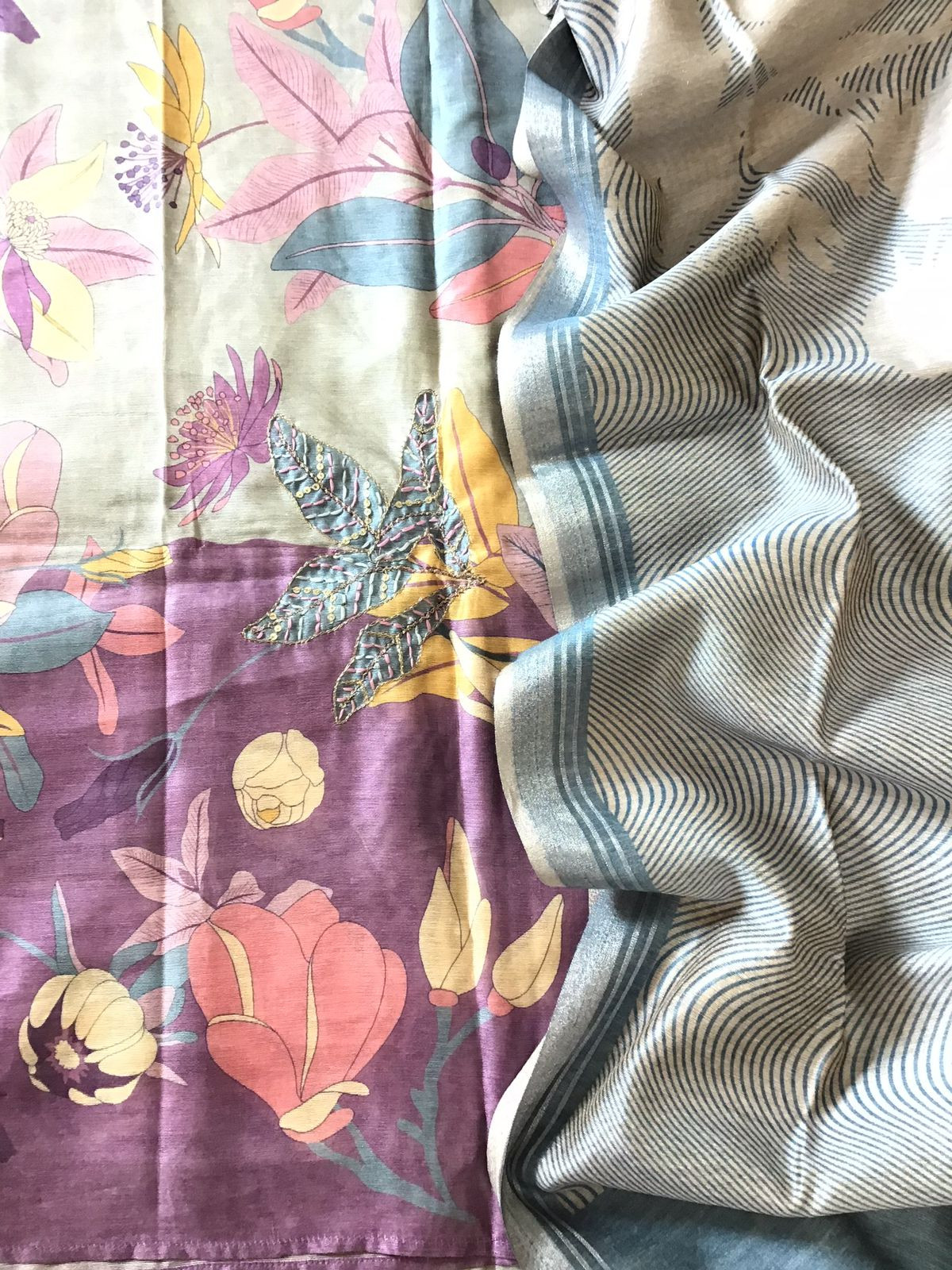 Soft Semi Raw Silk Printed Embroidered Suit - Grey