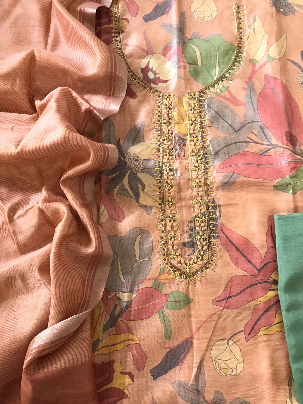 Soft Semi Raw Silk Printed Embroidered Suit - Peach