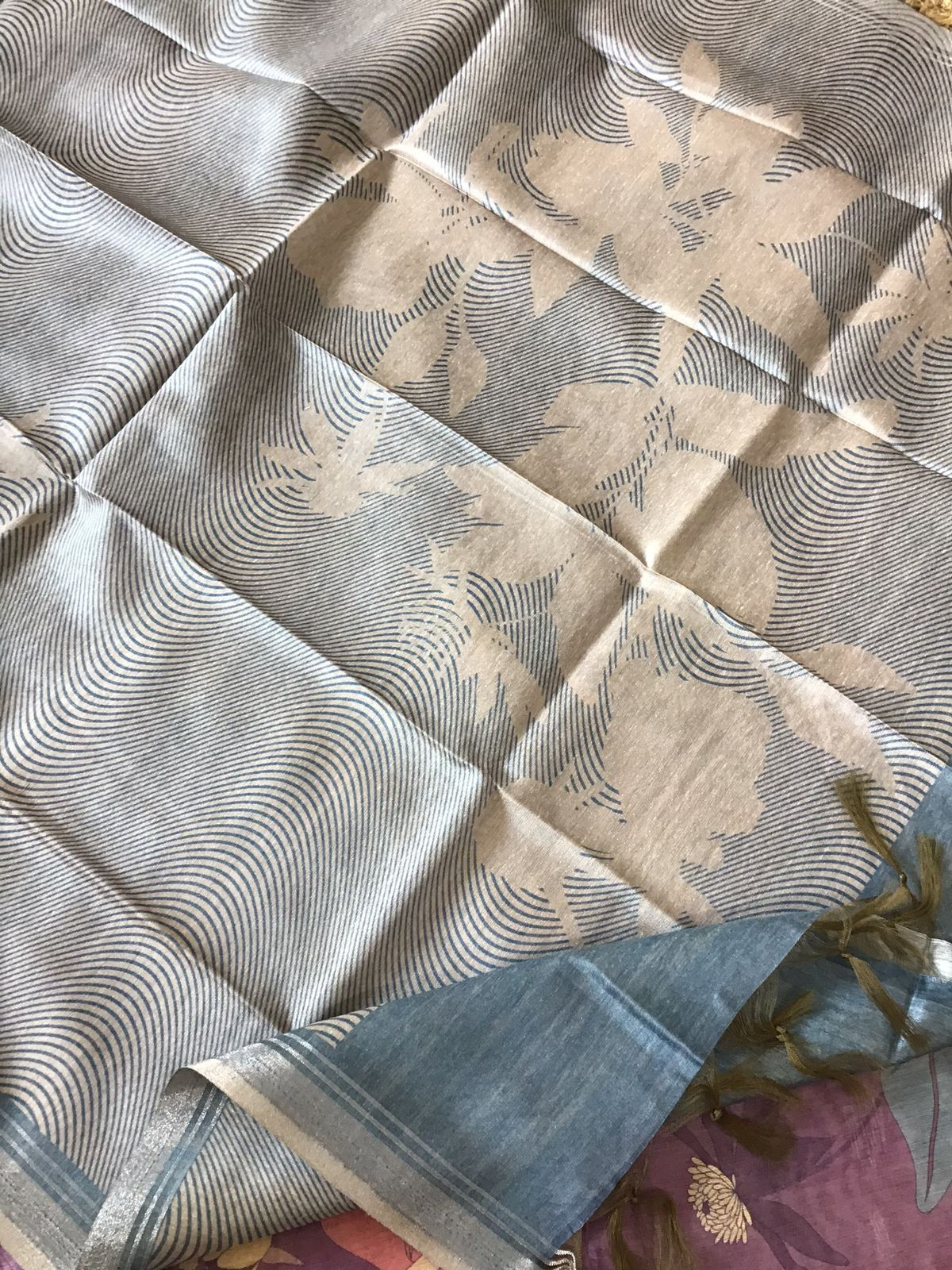 Soft Semi Raw Silk Printed Embroidered Suit - Grey