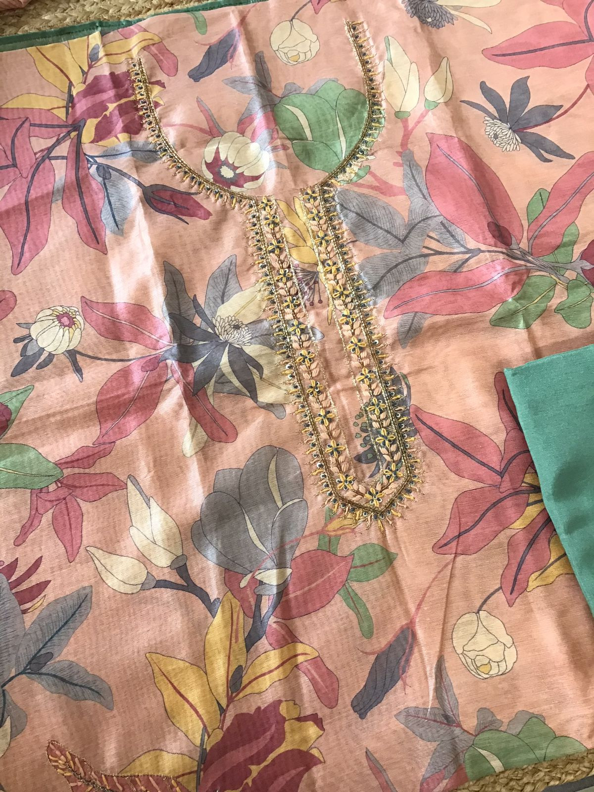 Soft Semi Raw Silk Printed Embroidered Suit - Peach