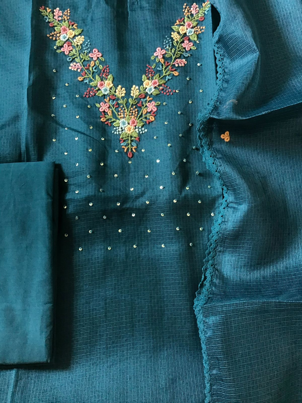 Soft Kota Silk Embroidered Suit - Peacock Blue