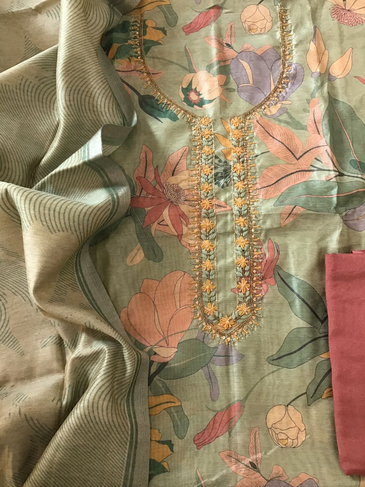 Soft Semi Raw Silk Printed Embroidered Suit - Green