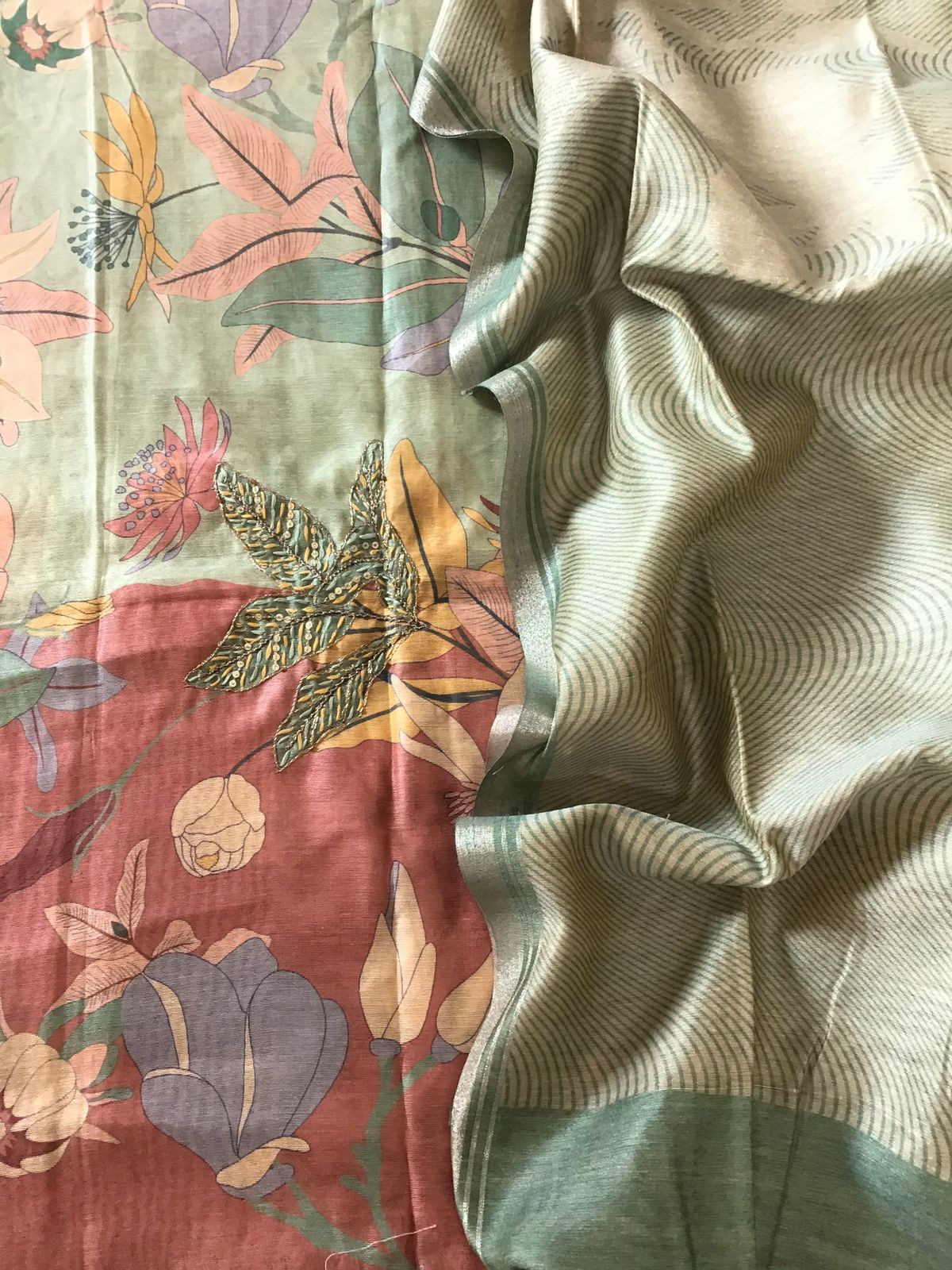 Soft Semi Raw Silk Printed Embroidered Suit - Green