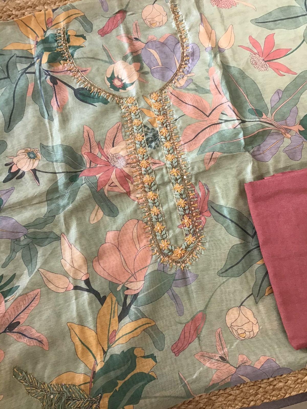 Soft Semi Raw Silk Printed Embroidered Suit - Green