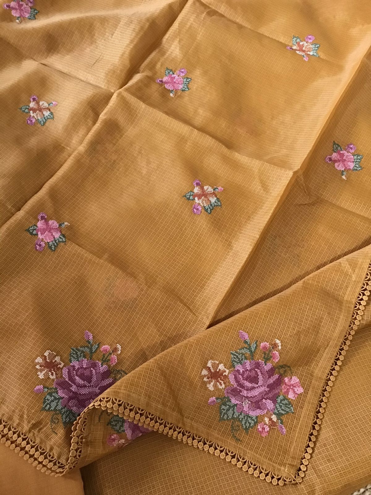 Soft Kota Silk Embroidered Suit - Mustard Yellow