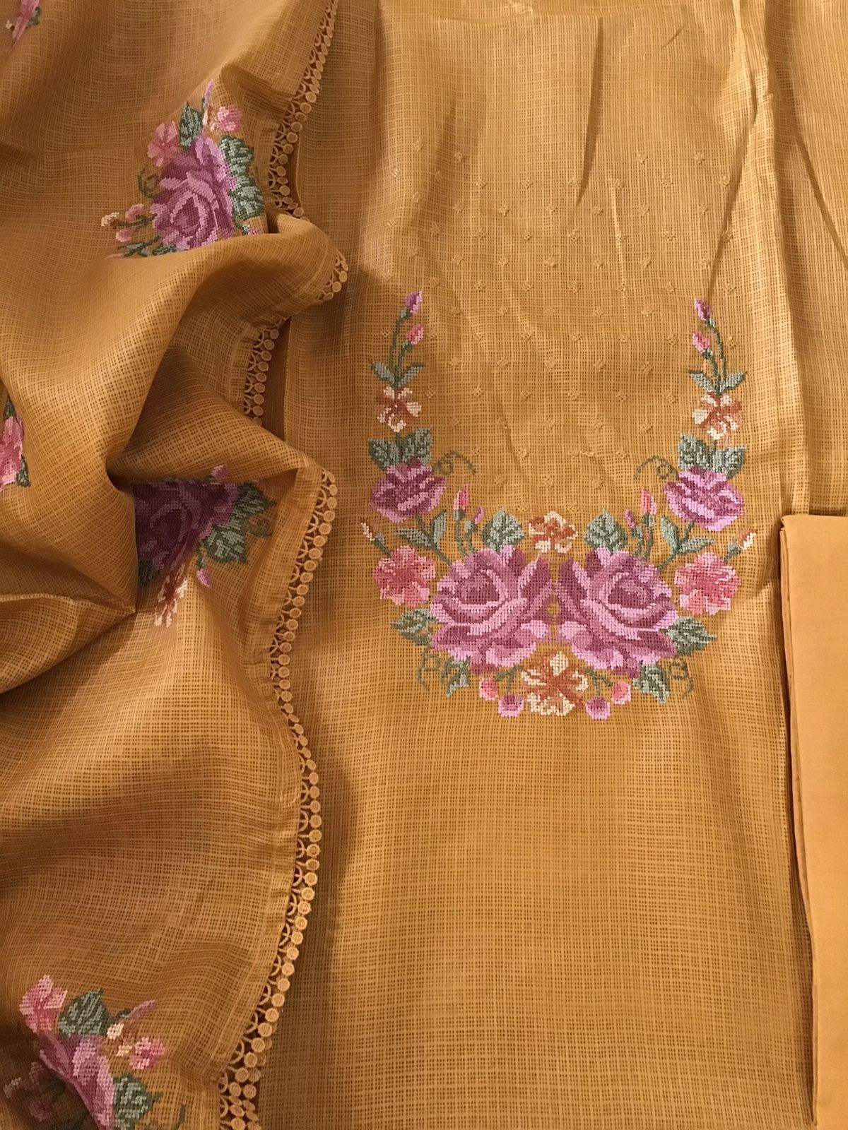 Soft Kota Silk Embroidered Suit - Mustard Yellow