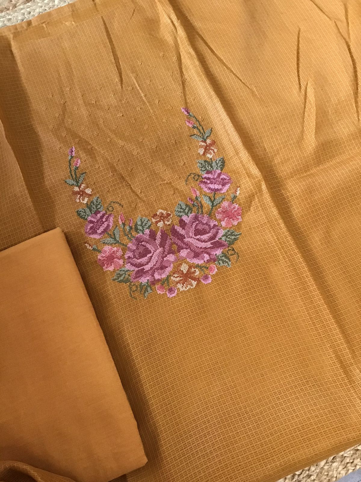 Soft Kota Silk Embroidered Suit - Mustard Yellow