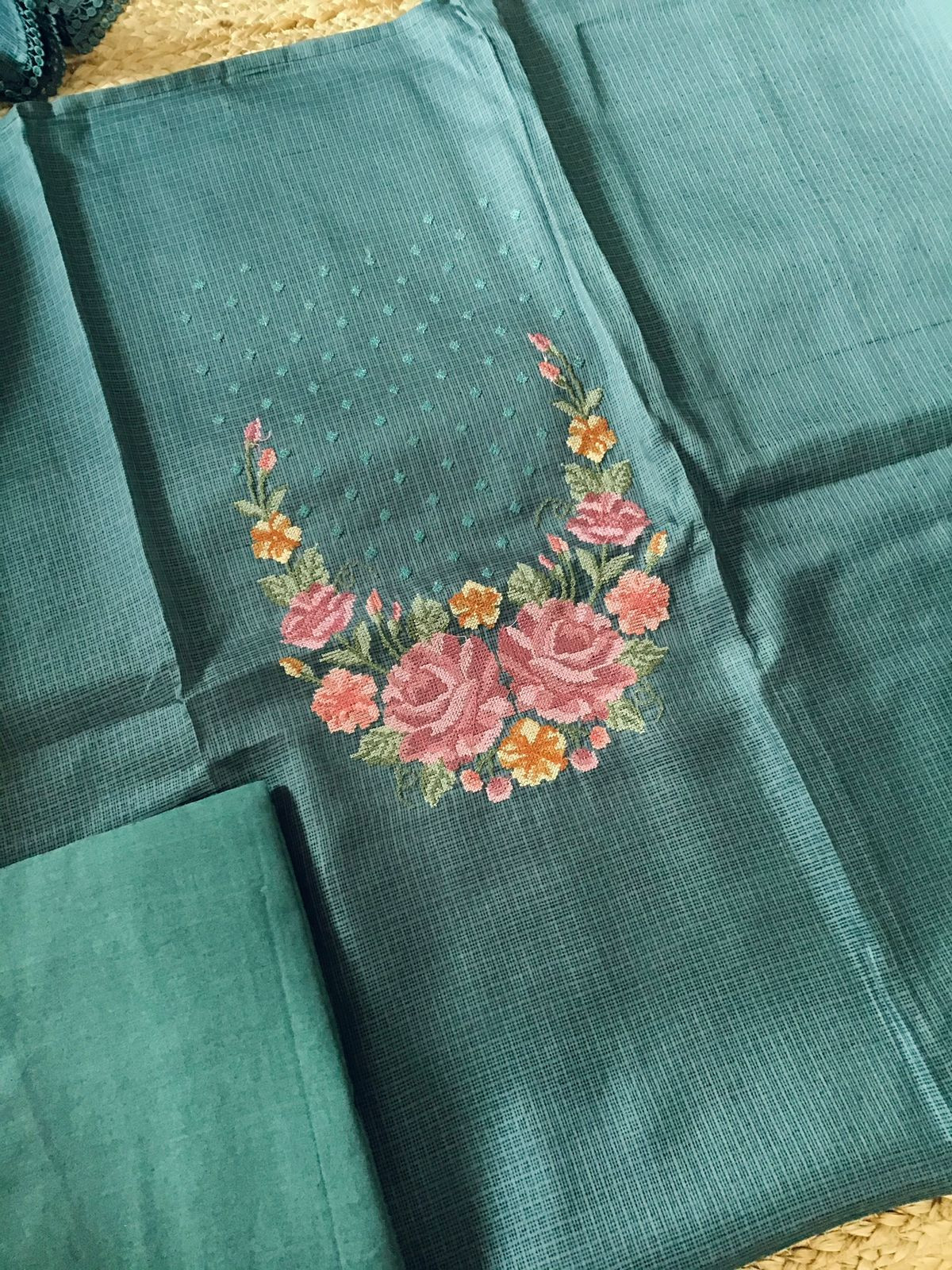 Soft Kota Silk Embroidered Suit - Mustard Green