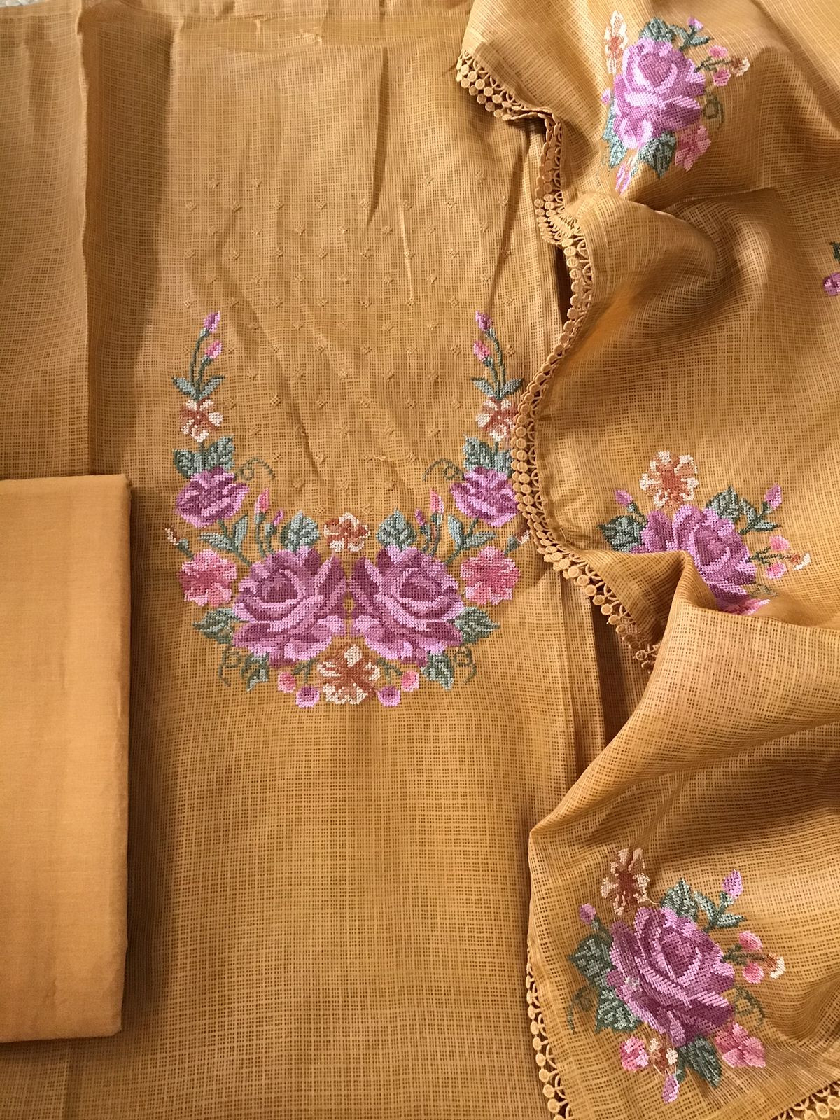 Soft Kota Silk Embroidered Suit - Mustard Yellow