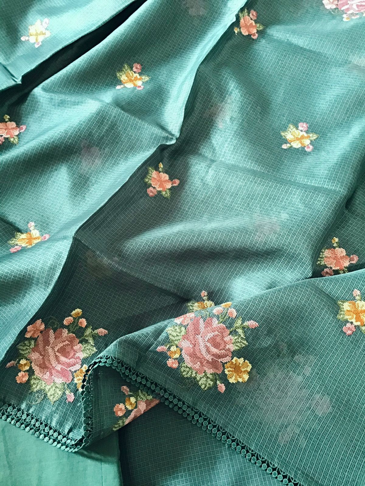 Soft Kota Silk Embroidered Suit - Mustard Green