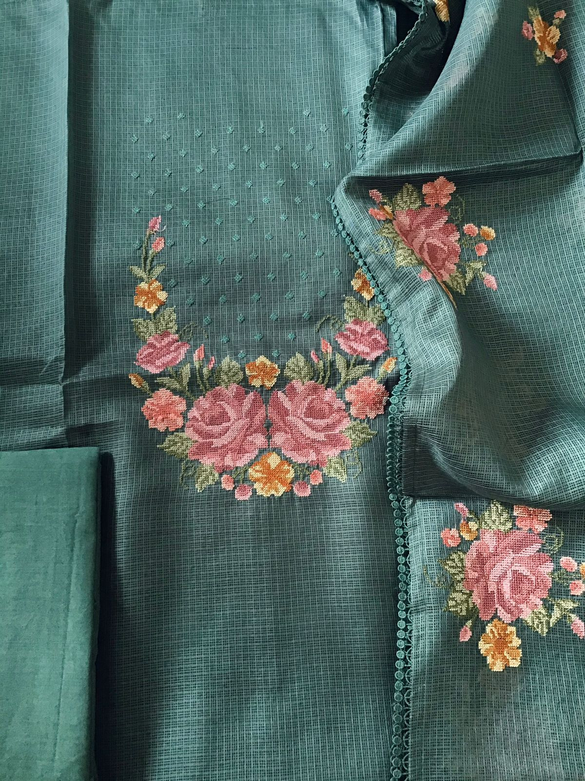 Soft Kota Silk Embroidered Suit - Mustard Green