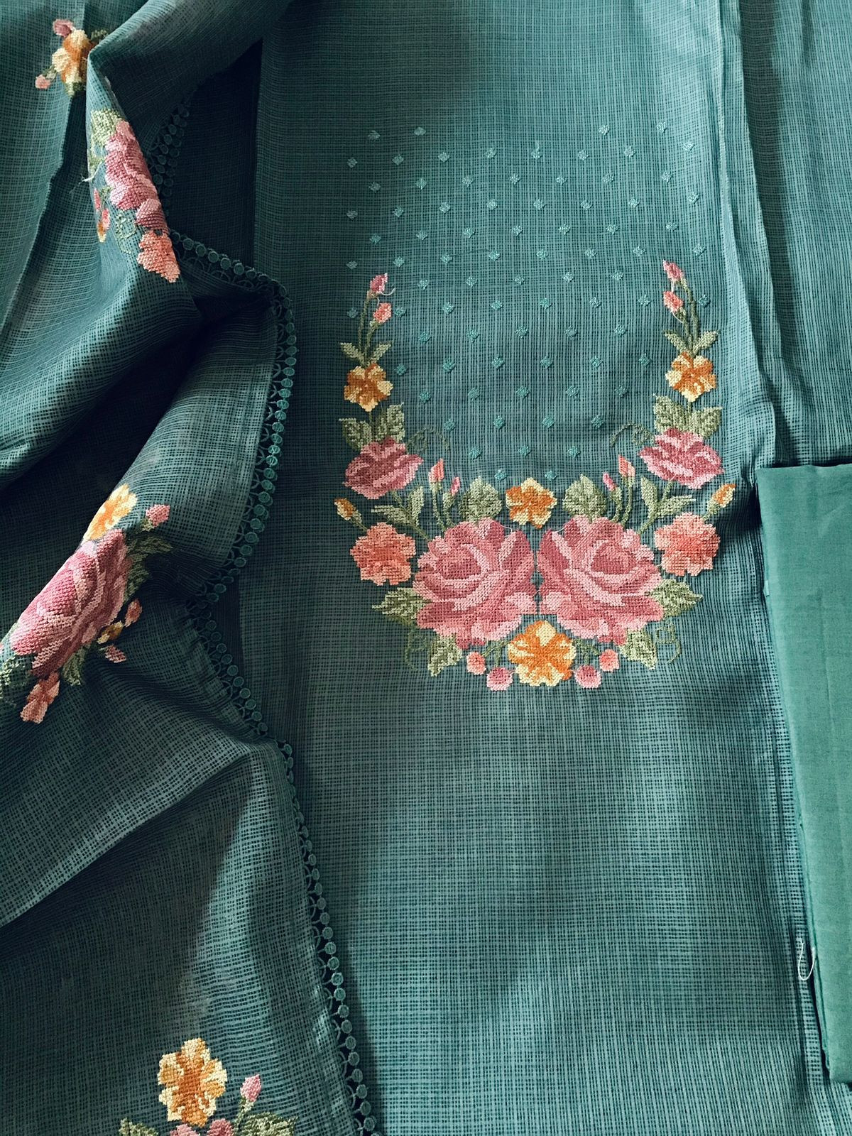 Soft Kota Silk Embroidered Suit - Mustard Green
