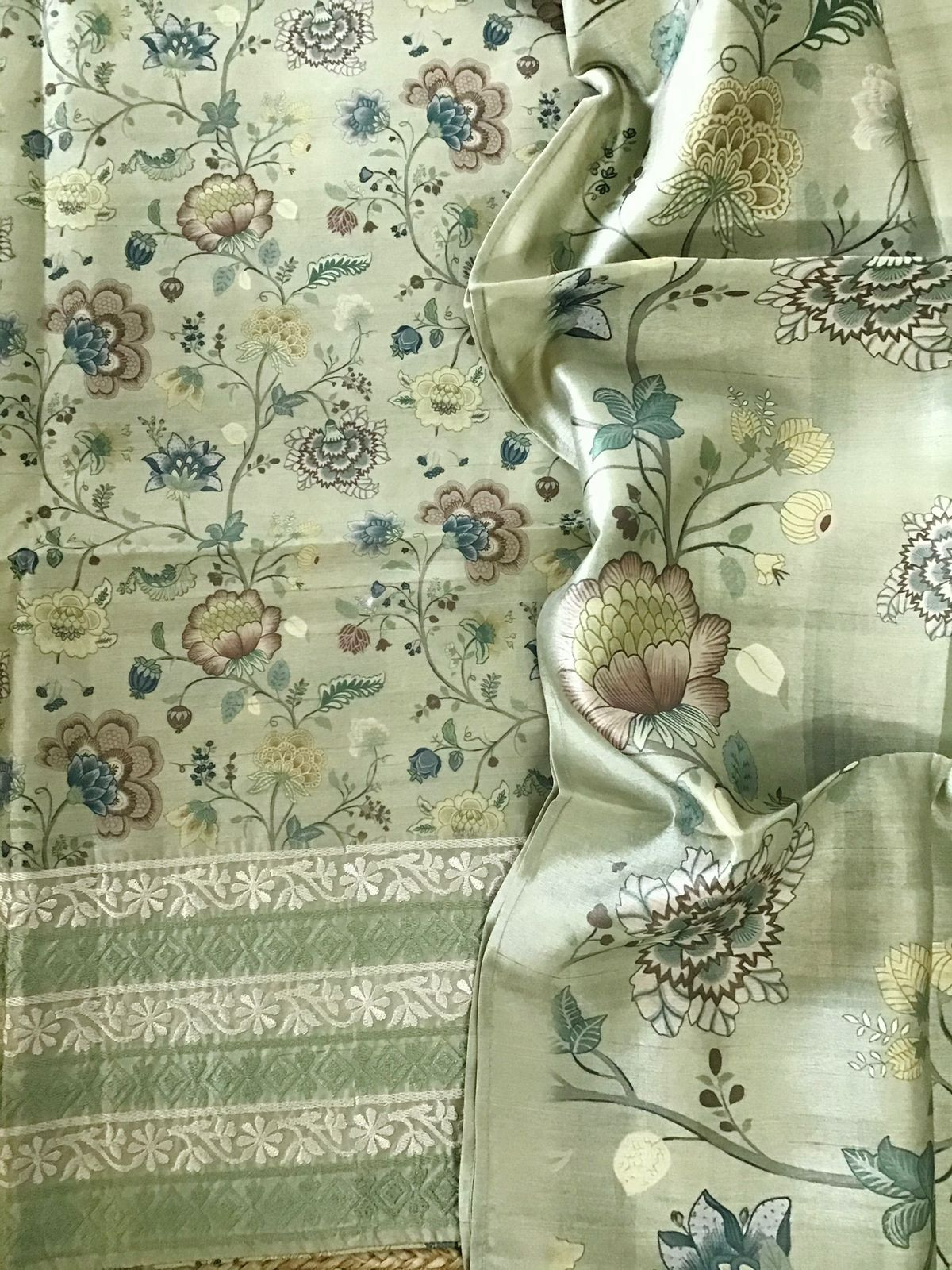 Soft Semi Tussar Printed Embroidered Suit - Green