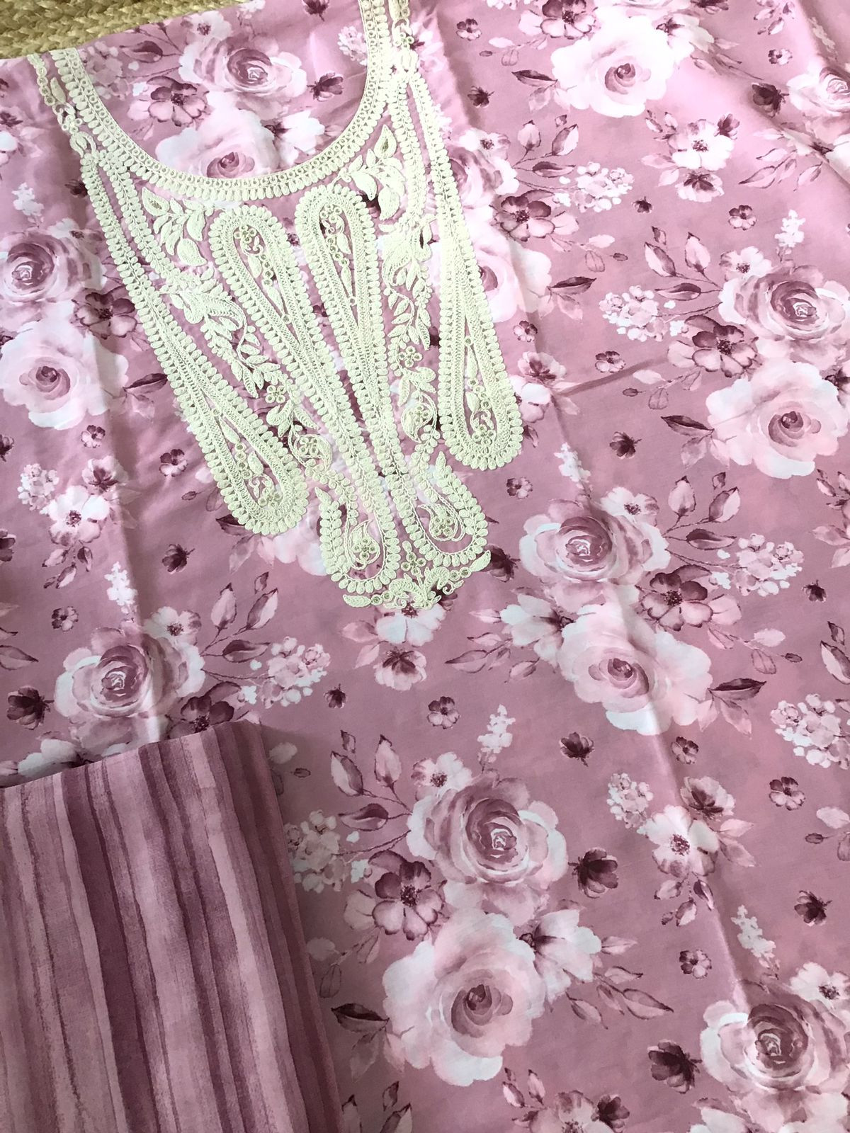 Pure Muslin Printed Embroidered Suit - Pink