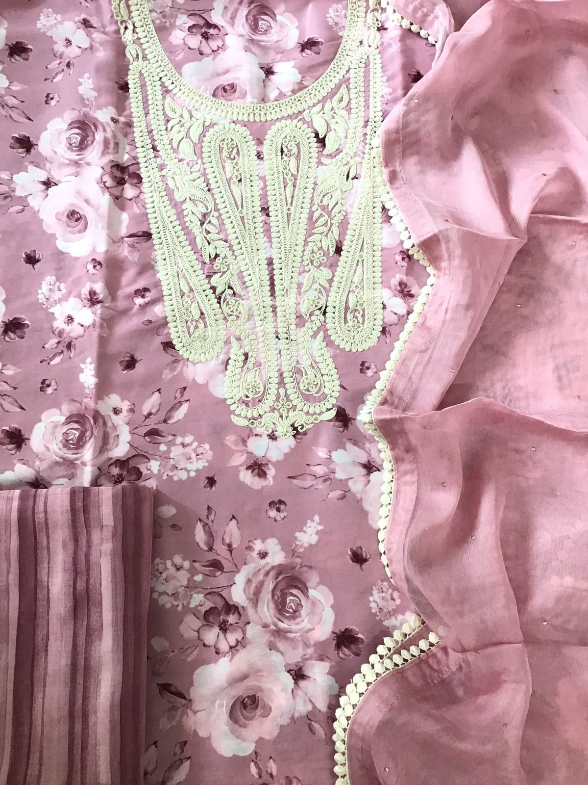 Pure Muslin Printed Embroidered Suit - Pink
