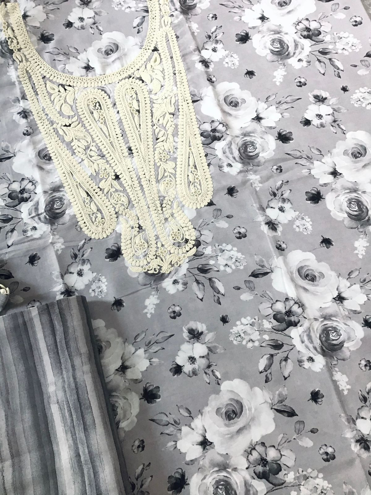 Pure Muslin Printed Embroidered Suit - Grey