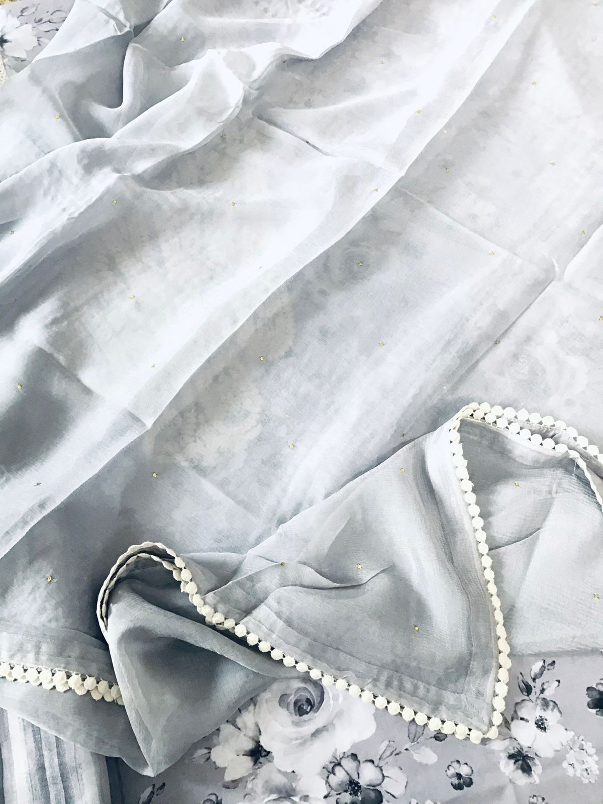 Pure Muslin Printed Embroidered Suit - Grey