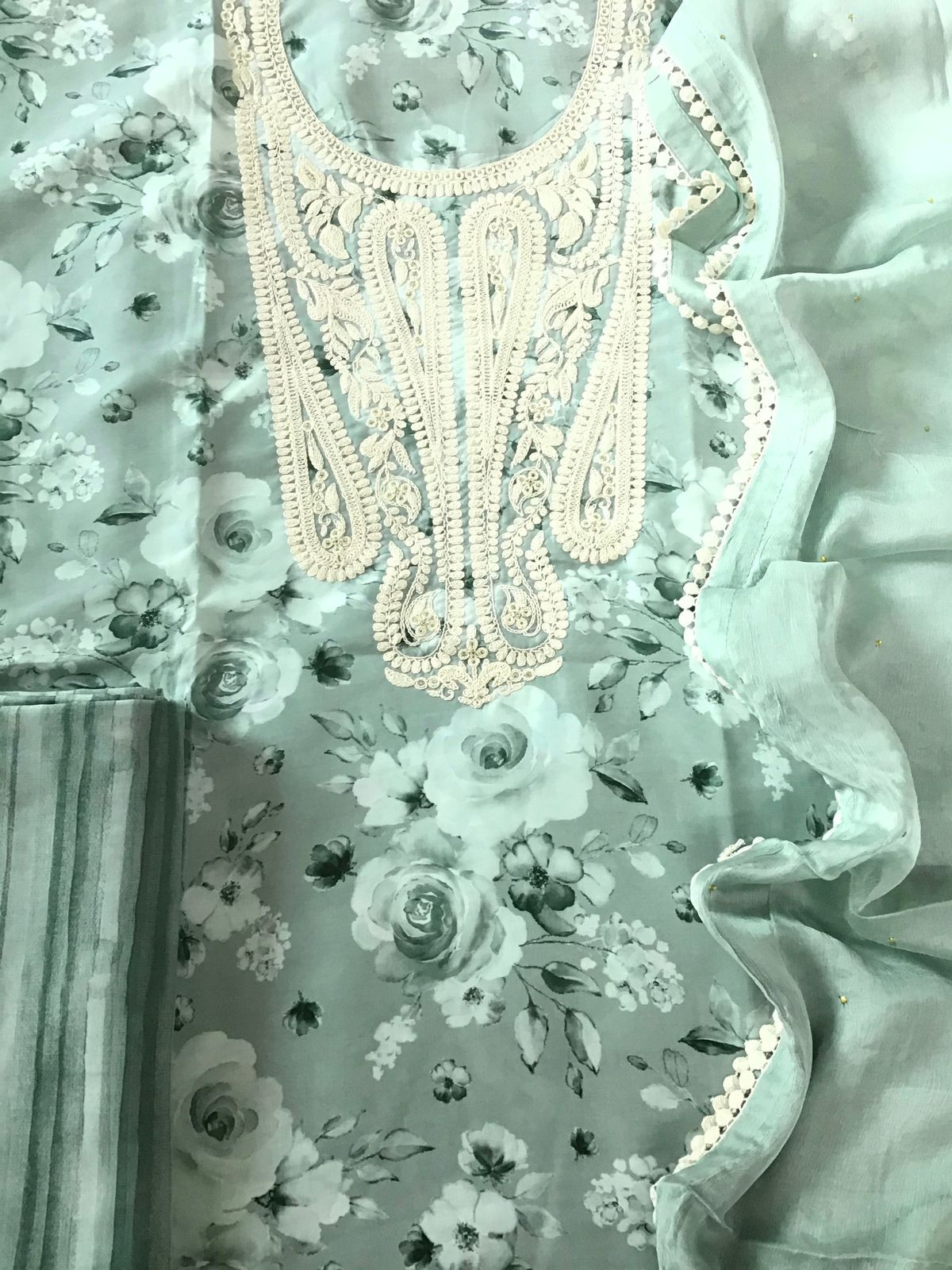 Pure Muslin Printed Embroidered Suit - Green