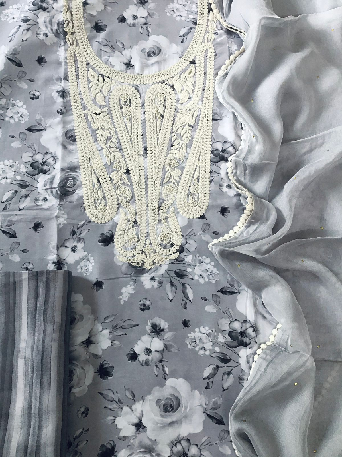 Pure Muslin Printed Embroidered Suit - Grey
