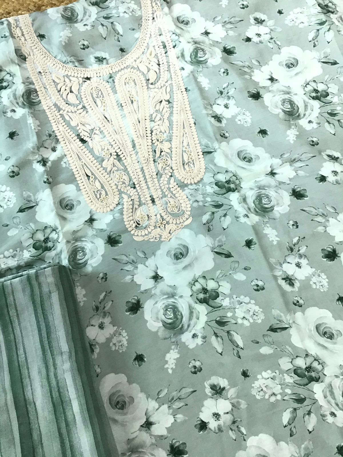 Pure Muslin Printed Embroidered Suit - Green