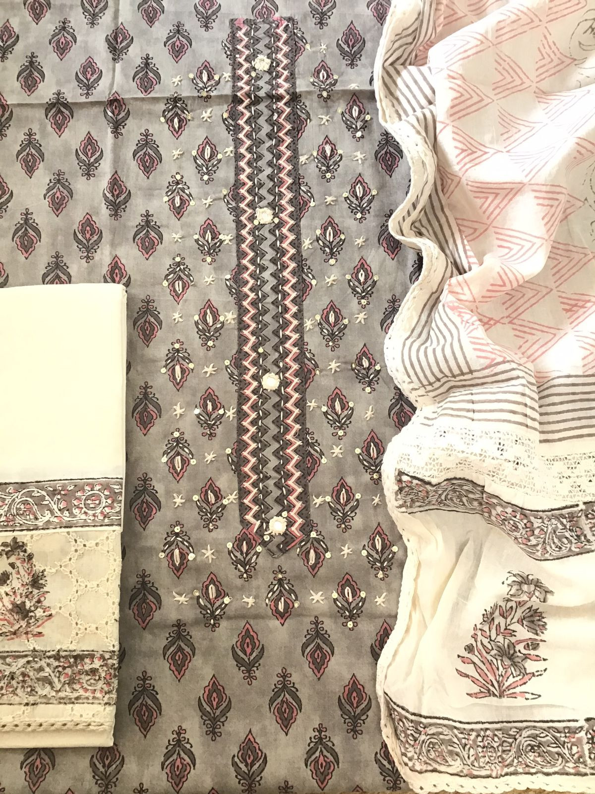 Pure Cotton Printed Embroidered Suit - Grey