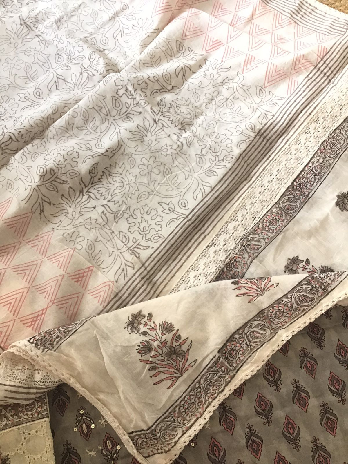 Pure Cotton Printed Embroidered Suit - Grey