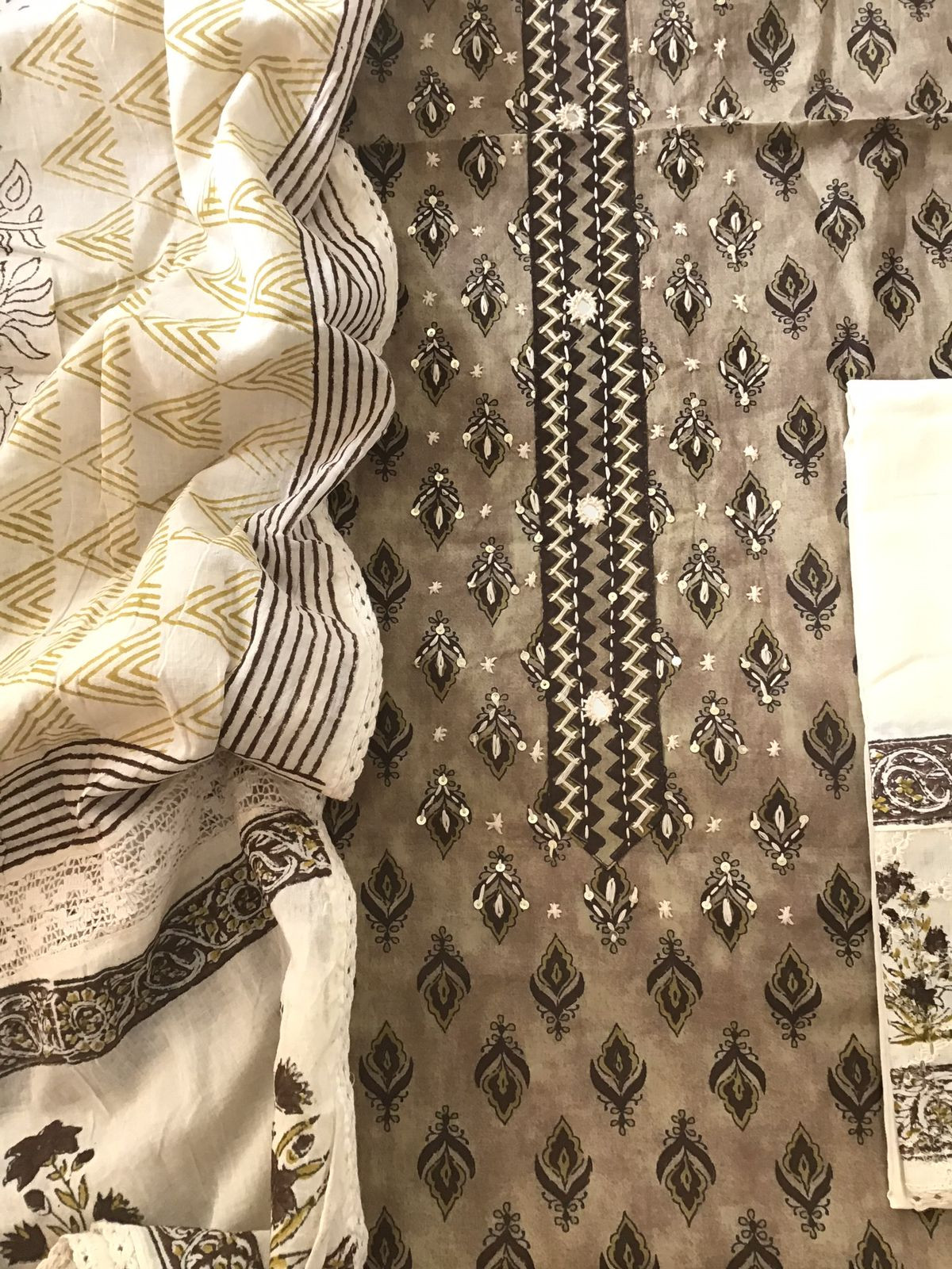 Pure Cotton Printed Embroidered Suit - Beige