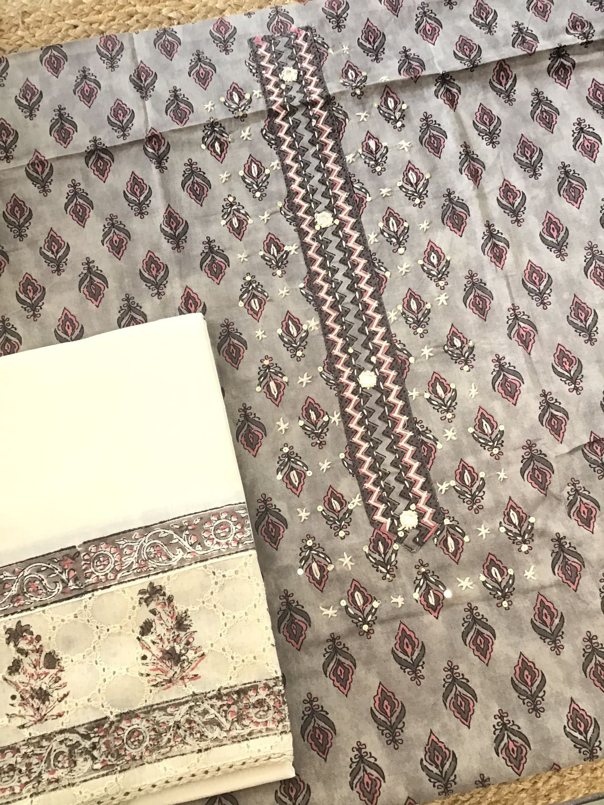 Pure Cotton Printed Embroidered Suit - Grey