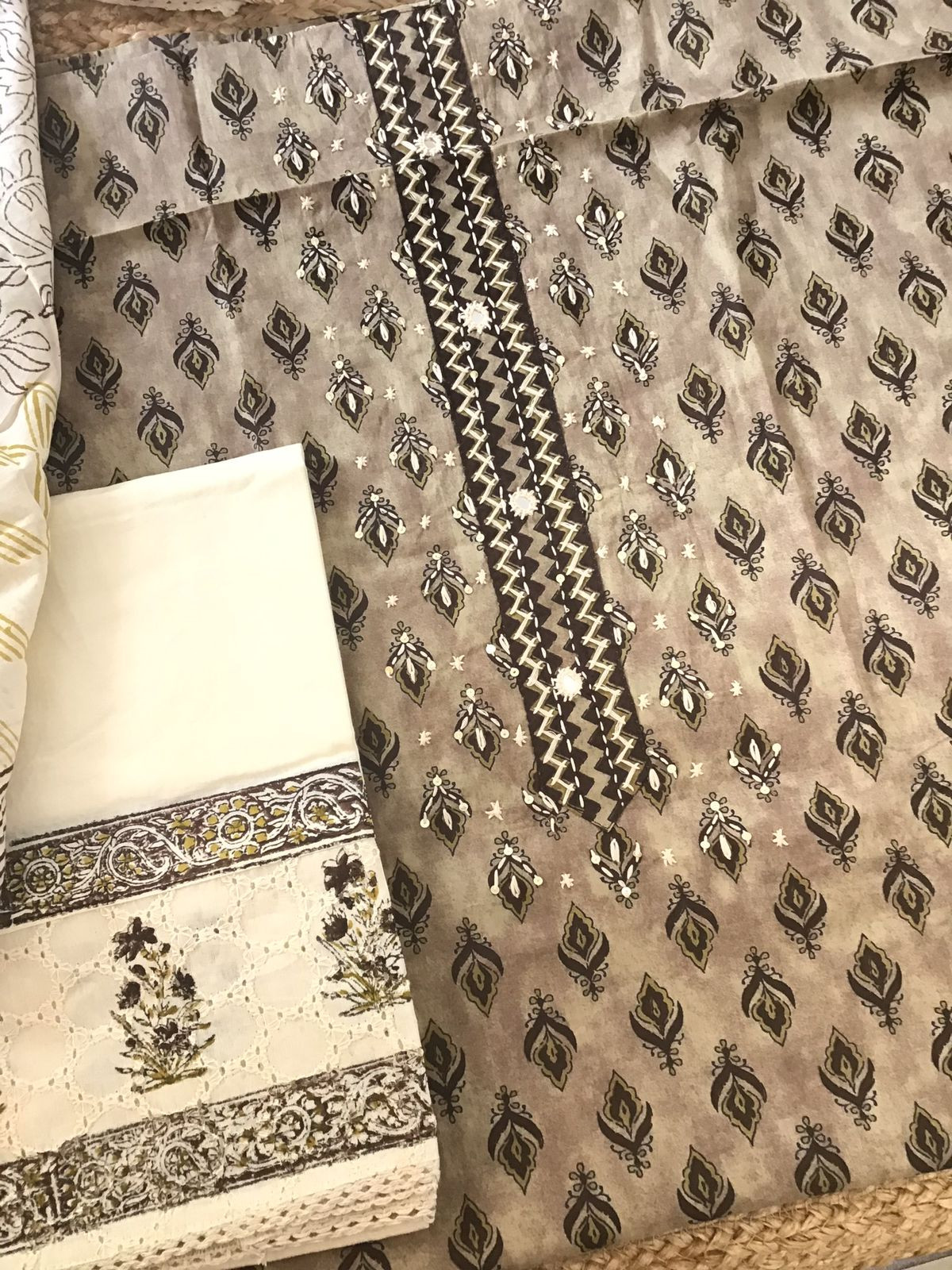 Pure Cotton Printed Embroidered Suit - Beige