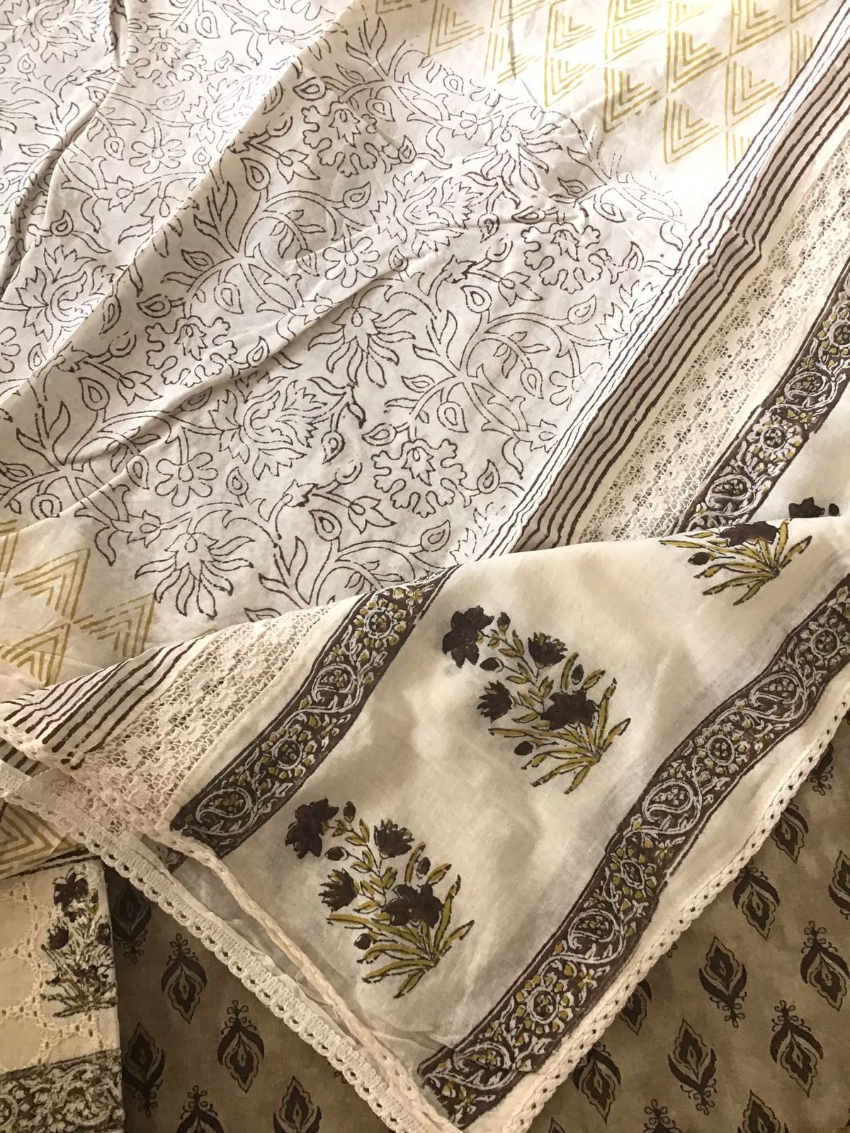 Pure Cotton Printed Embroidered Suit - Beige