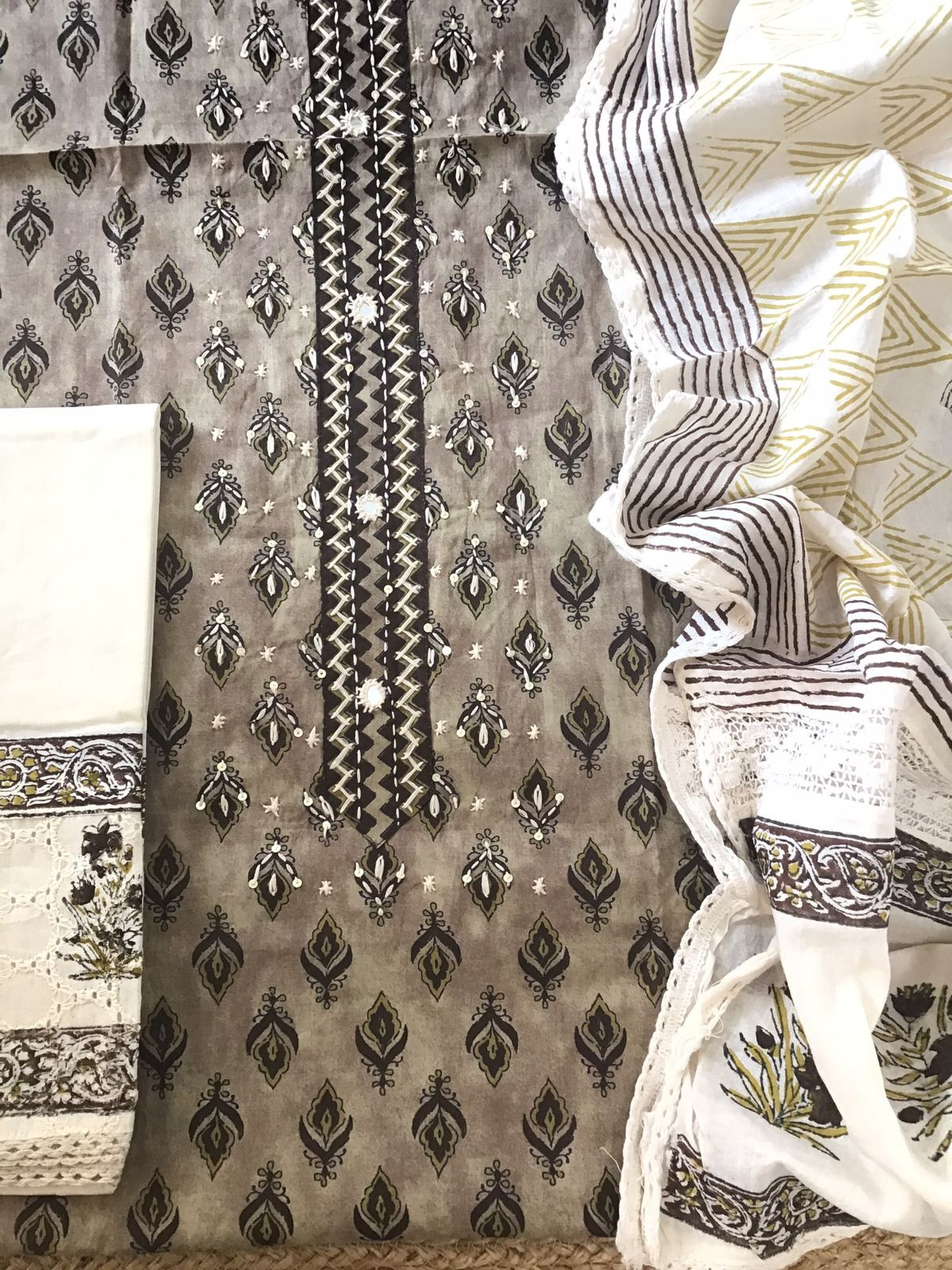 Pure Cotton Printed Embroidered Suit - Beige