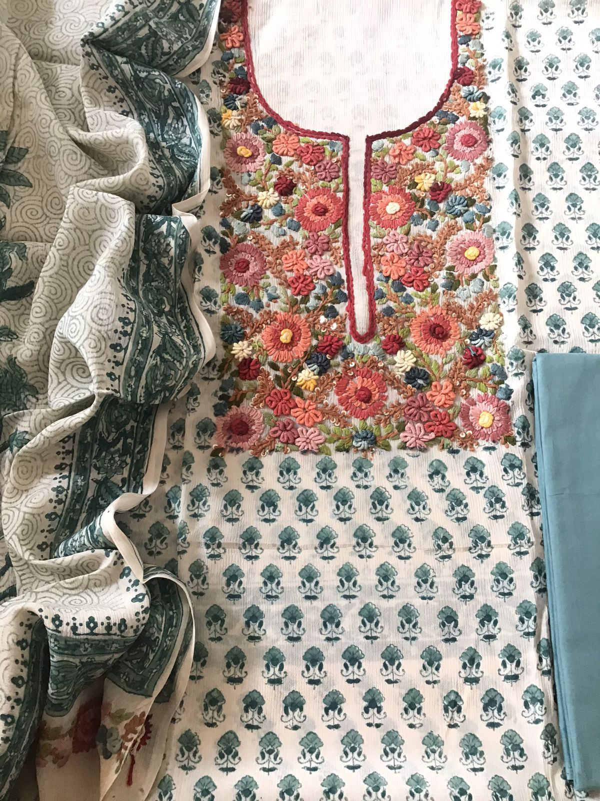 Pure Fine Chinnon Silk Printed Embroidered Suit - Cream