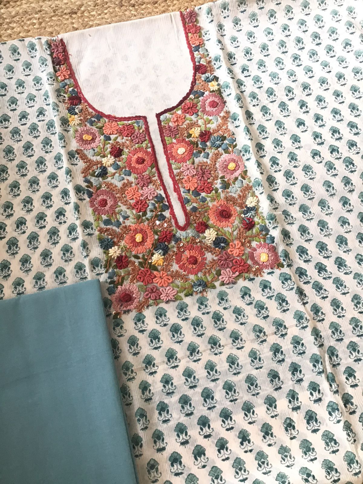 Pure Fine Chinnon Silk Printed Embroidered Suit - Cream