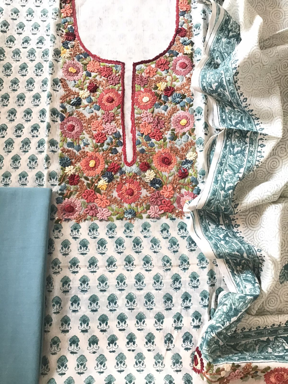 Pure Fine Chinnon Silk Printed Embroidered Suit - Cream