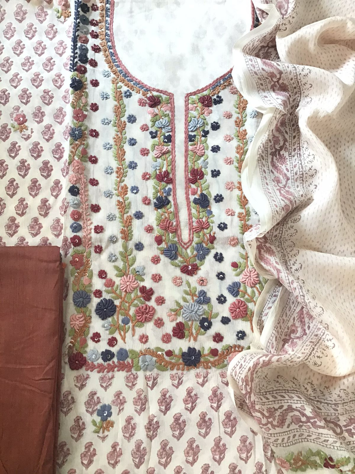 Pure Fine Chinnon Silk Printed Embroidered Suit - Cream