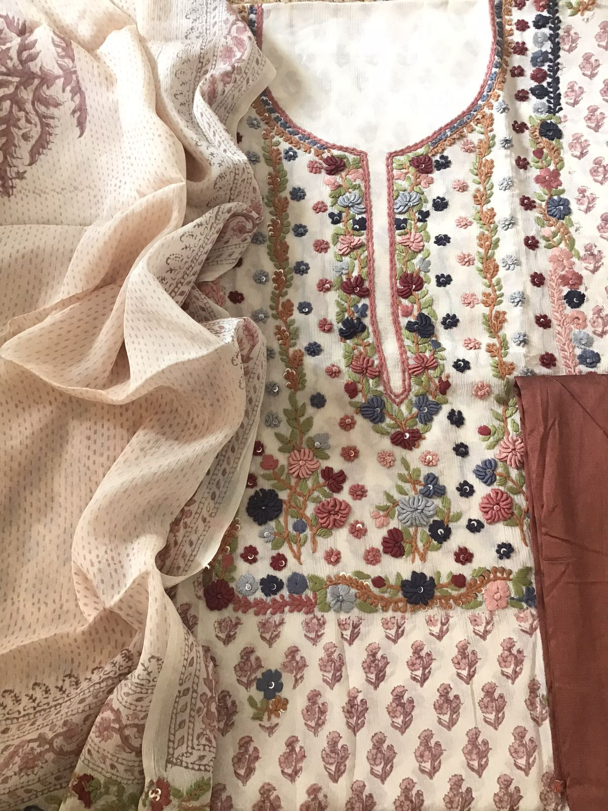 Pure Fine Chinnon Silk Printed Embroidered Suit - Cream